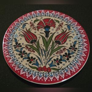 Handmade Turkish Ceramic Trivet Wall Plate Ottoman Floral Tulip Design 8”